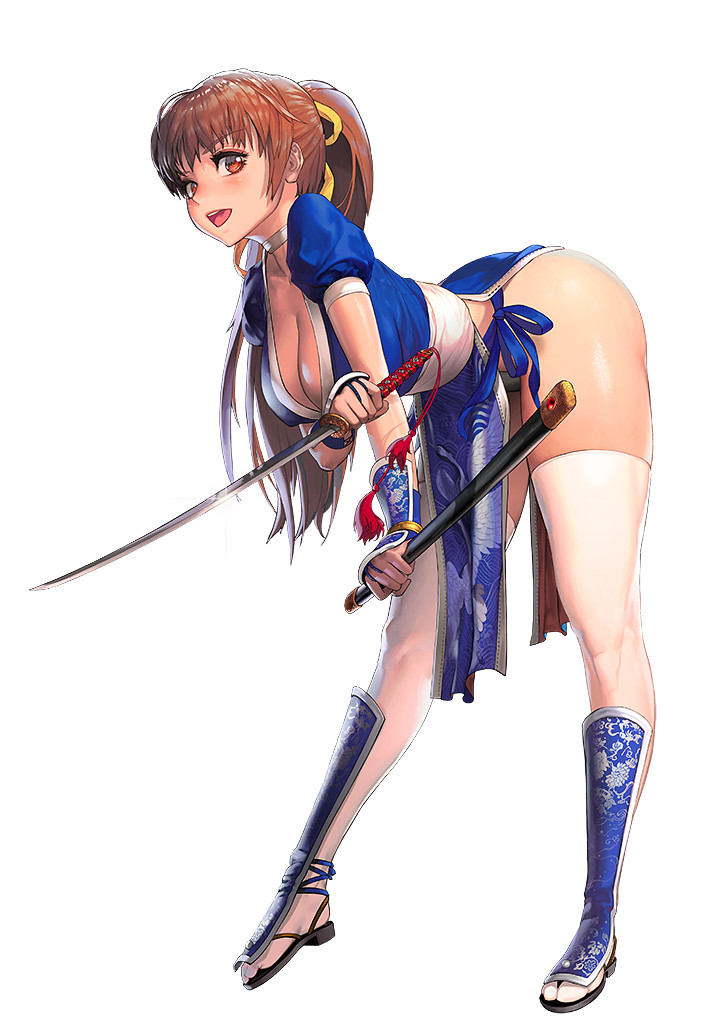 1girl, :d, arm_guards, bent_over, blush, breasts, brown_eyes, brown_hair