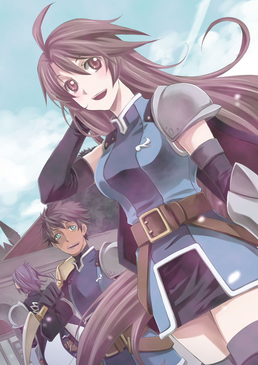 00s, 1girl, 2boys, ahoge, armor, belt, black_hair, blue_hair, bow_(weapon), brown_eyes, casey_(tales), damuron_atomaisu, green_eyes, highres, long_hair, mikuni_saho, multiple_boys, open_mouth, tales_of_(series), tales_of_vesperia, thighhighs, uniform, very_long_hair, weapon, yeager_(tales)