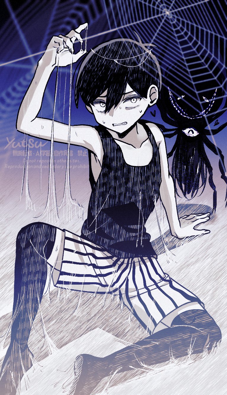 1boy, antenna_hair, black_hair, black_tank_top, black_thighhighs, clenched_teeth, collarbone, highres