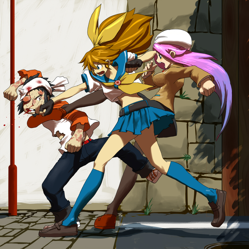 1boy, 2girls, asakura_teppei, beating, black_thighhighs, blazer, blood, blood_on_face, blue_sailor_collar, blue_skirt, blue_socks, bow, bruise, bruise_on_face, commentary_request, crossover, dra+koi, fighting, fingerless_gloves, gloves, hat, headband, heroine_(dra+koi), horns, imminent_punch, injury, jacket, kasutank, kicking, long_hair, long_sleeves, looking_at_another, m.u.g.e.n, multiple_girls, neckerchief, open_mouth, orange_sleeves, original, pink_hair, punching, ribbon, road, ryuko_(oggyoggy), sailor_collar, school_uniform, serafuku, shirt, single_horn, skirt, socks, stone_wall, street, thighhighs, torn_clothes, torn_shirt, two-tone_shirt, white_hat, white_headband, yellow_bow, yellow_neckerchief, yellow_ribbon