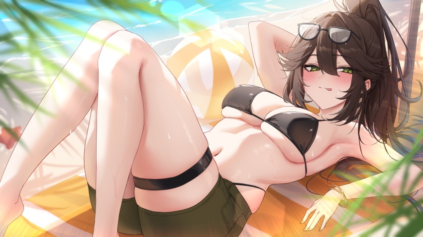 1girl, :p, ball, beach, beachball, bikini, black_bikini, blurry, blush, bracelet, breasts, brown_hair, commentary, commission, depth_of_field, dot_nose, english_commentary, eyewear_on_head, glasses, green_eyes, green_shorts, hair_between_eyes, hair_intakes, high_ponytail, highres, indie_virtual_youtuber, jewelry, kara_wilderwood, large_breasts, lens_flare, looking_at_viewer, lying, multiple_bracelets, on_back, orange_nails, panty_straps, ponytail, reclining, ruru_(ruru_nnnn), second-party_source, shorts, skindentation, solo, sweat, swimsuit, thigh_strap, tongue, tongue_out, virtual_youtuber, water