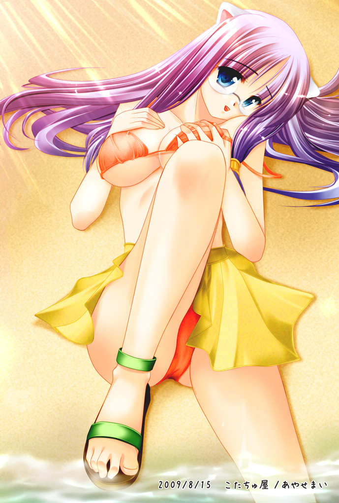 1girl, 2000s_(style), ayase_mai_(jelly^2_fish), beach, bikini, black_sandals, blue_eyes, breasts