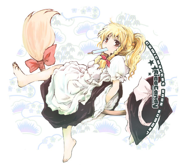 1girl, barefoot, blonde_hair, female_focus, food, hat, hatomugi_munmun, kirisame_marisa