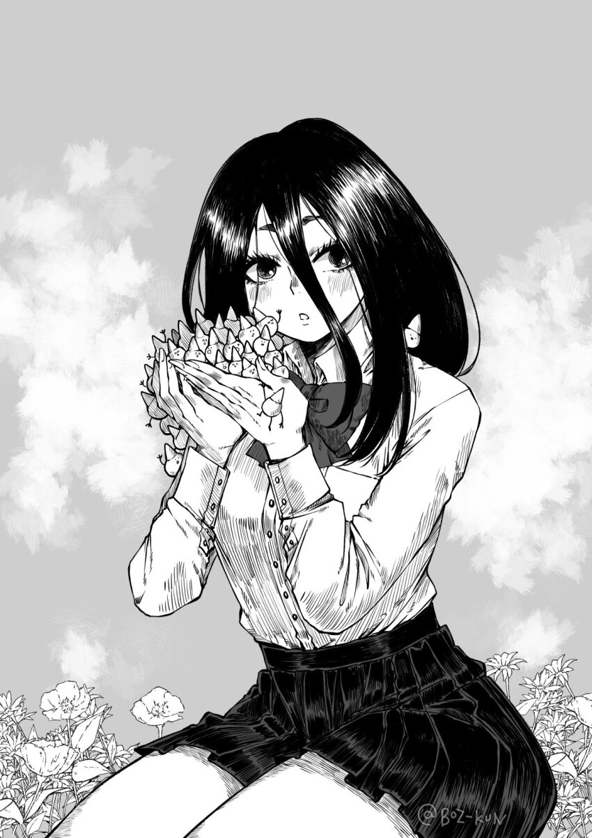 1girl, artist_name, blush, bow, bowtie, dandadan, flower, hair_between_eyes