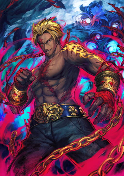 1boy, abs, arm_tattoo, aura, bandaged_hand, bandages, belt, beowulf_(fate)