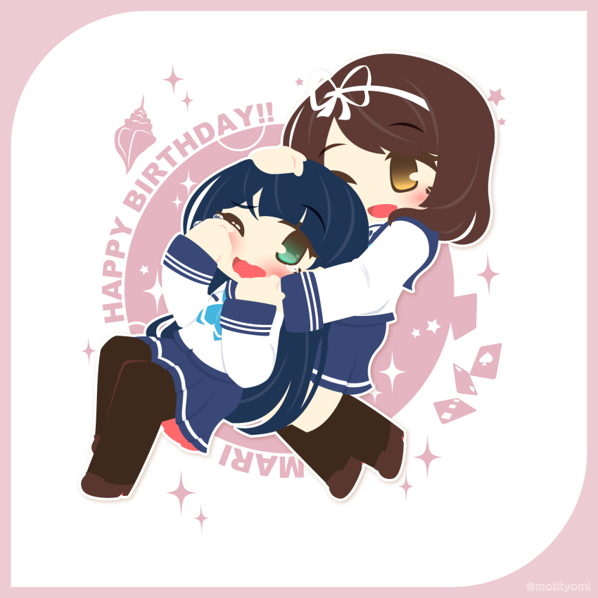 2girls, ace_(playing_card), ace_of_spades, battle_girl_high_school, black_socks, blue_neckerchief, blue_skirt, border