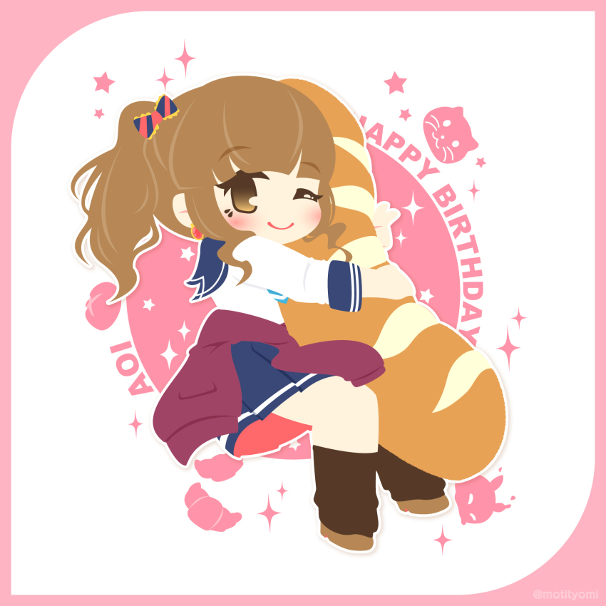 1girl, battle_girl_high_school, blue_skirt, blush, bread, brown_eyes, brown_hair, cat