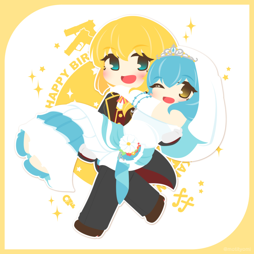 2girls, battle_girl_high_school, blonde_hair, blue_eyes, blue_hair, blush, border, bridal_veil