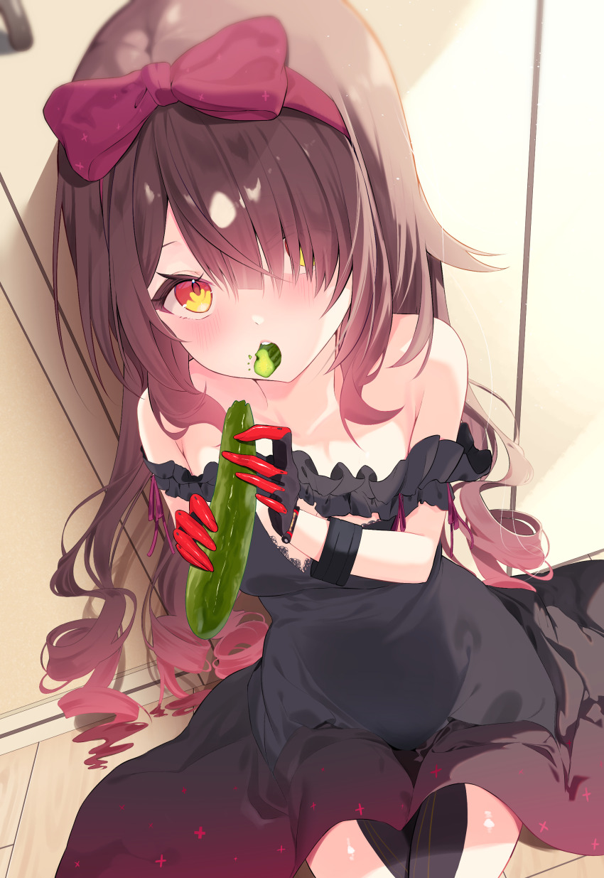 absurdres, bare_shoulders, biting, black_dress, bow_hairband, breasts, brown_hair, cucumber