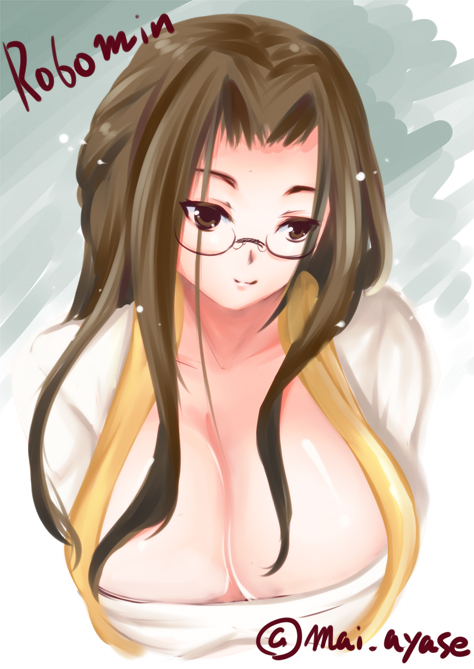 1girl, ayase_mai_(jelly^2_fish), breasts, brown_eyes, brown_hair, cleavage, closed_mouth, commentary_request