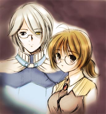 1boy, 1girl, 2000s_(style), ayase_mai_(jelly^2_fish), black-framed_eyewear, black_eyes, blue_coat, breasts