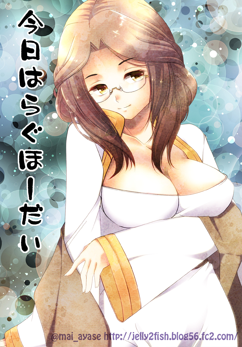 1girl, arm_under_breasts, ayase_mai_(jelly^2_fish), blue_background, breasts, brown_eyes, brown_hair, cleavage