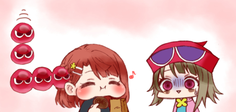 2girls, :d, :i, ^_^, amitie_(puyopuyo), amitie_(puyopuyo)_(cosplay), bag, blunt_bangs