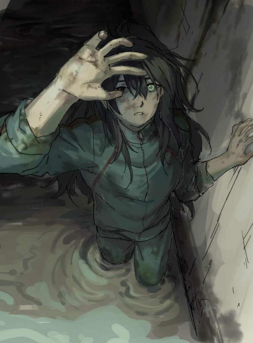 1boy, aqua_eyes, black_eyes, black_hair, dirty, dirty_clothes, dirty_face, dirty_hands