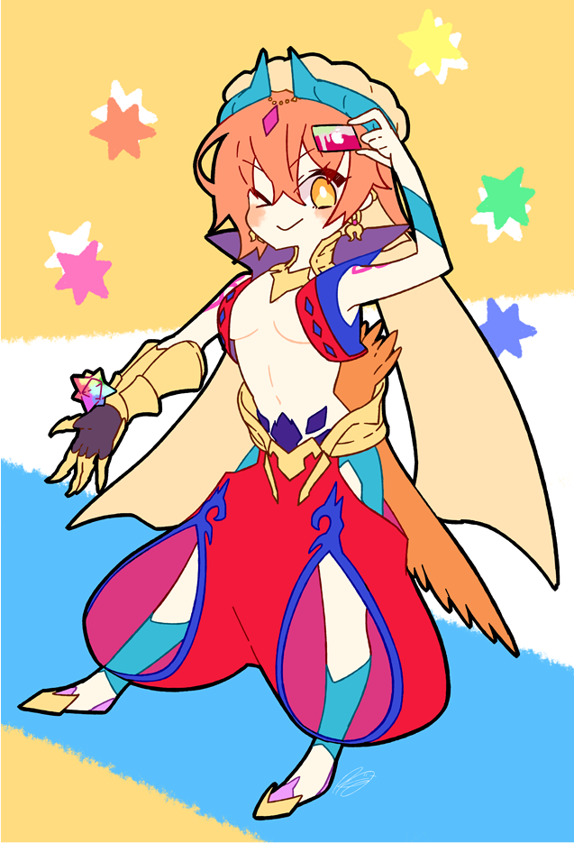 >_o, 1girl, :>, blue_vest, breasts, commentary_request, cosplay, cropped_vest