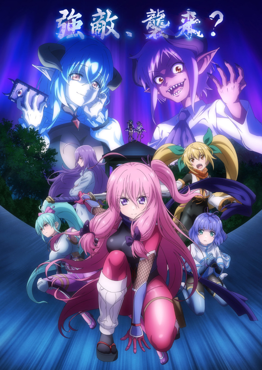 1boy, 6+girls, black_leotard, black_socks, blonde_hair, blue_hair, blush, breasts