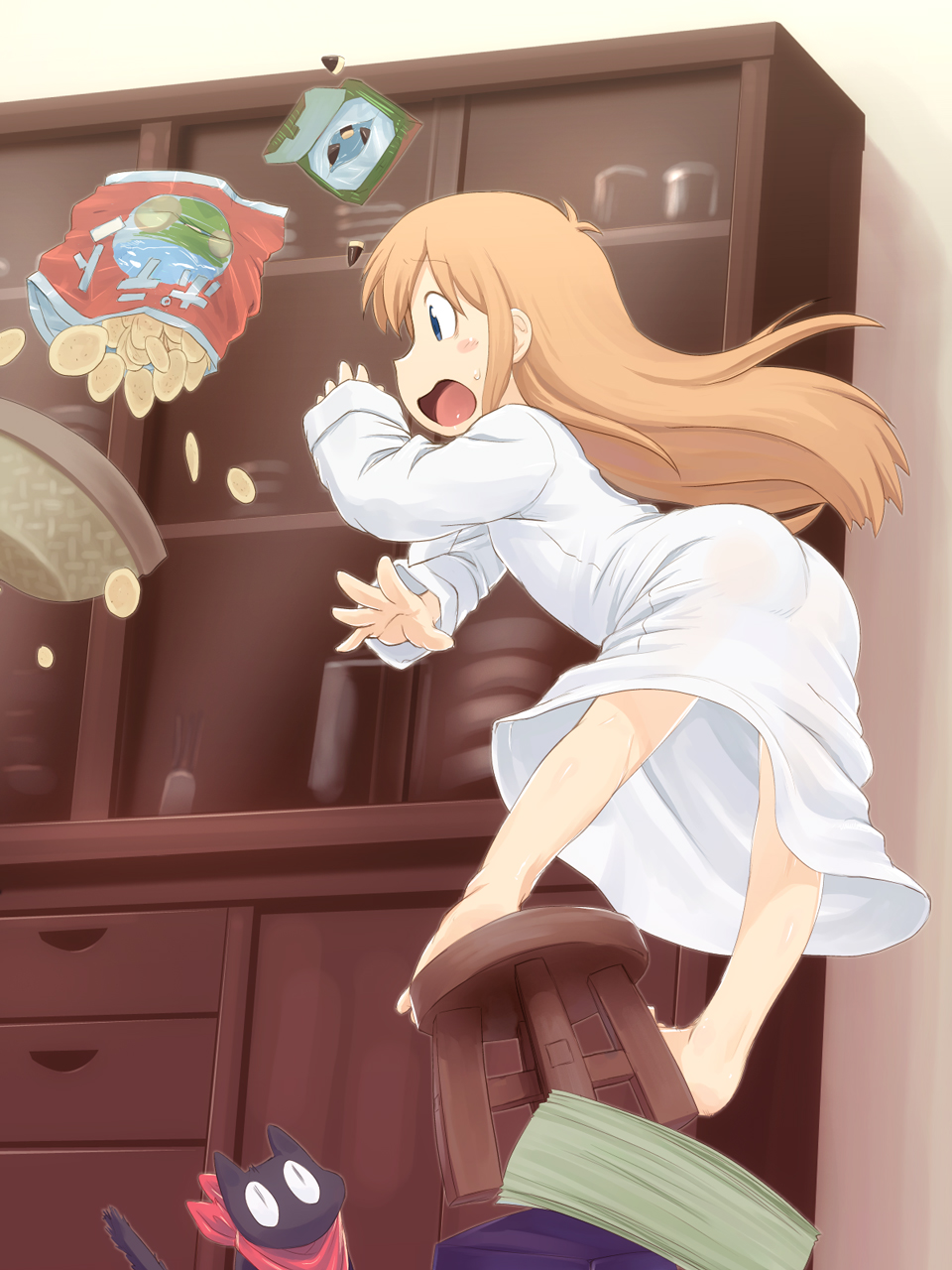 1girl, animal_ears, ass, bad_id, bad_pixiv_id, barefoot, black_cat, blue_eyes