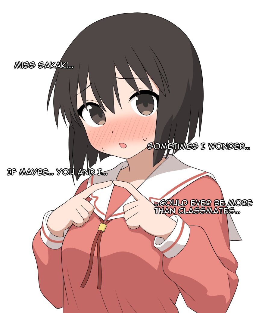 1girl, 64vii, anime_coloring, azumanga_daioh's_school_uniform, azumanga_daiou, blush, brown_eyes, brown_hair, commentary, english_commentary, english_text, hashtag-only_commentary, highres, index_fingers_together, kaori_(azumanga_daioh), long_sleeves, looking_at_viewer, orange_serafuku, parted_lips, sailor_collar, school_uniform, serafuku, shirt, short_hair, simple_background, solo, sweatdrop, talking, upper_body, white_background, white_sailor_collar