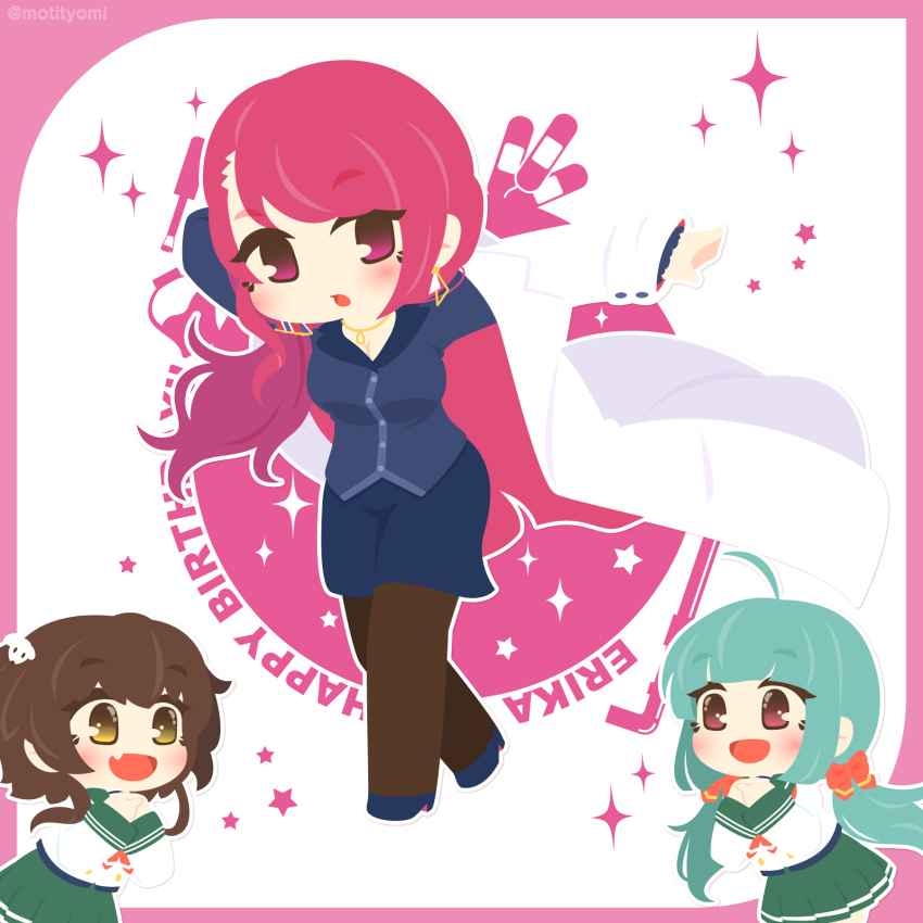 3girls, ameya_erika, bandaid, battle_girl_high_school, blue_shirt, blue_shoes, blue_skirt, border