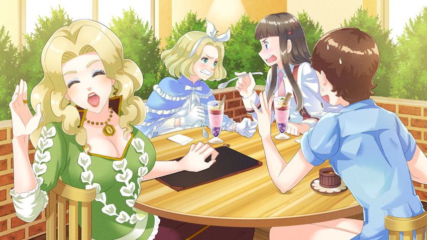 4girls, angry, blonde_hair, blue_capelet, blue_eyeshadow, blue_shirt, blush, breasts
