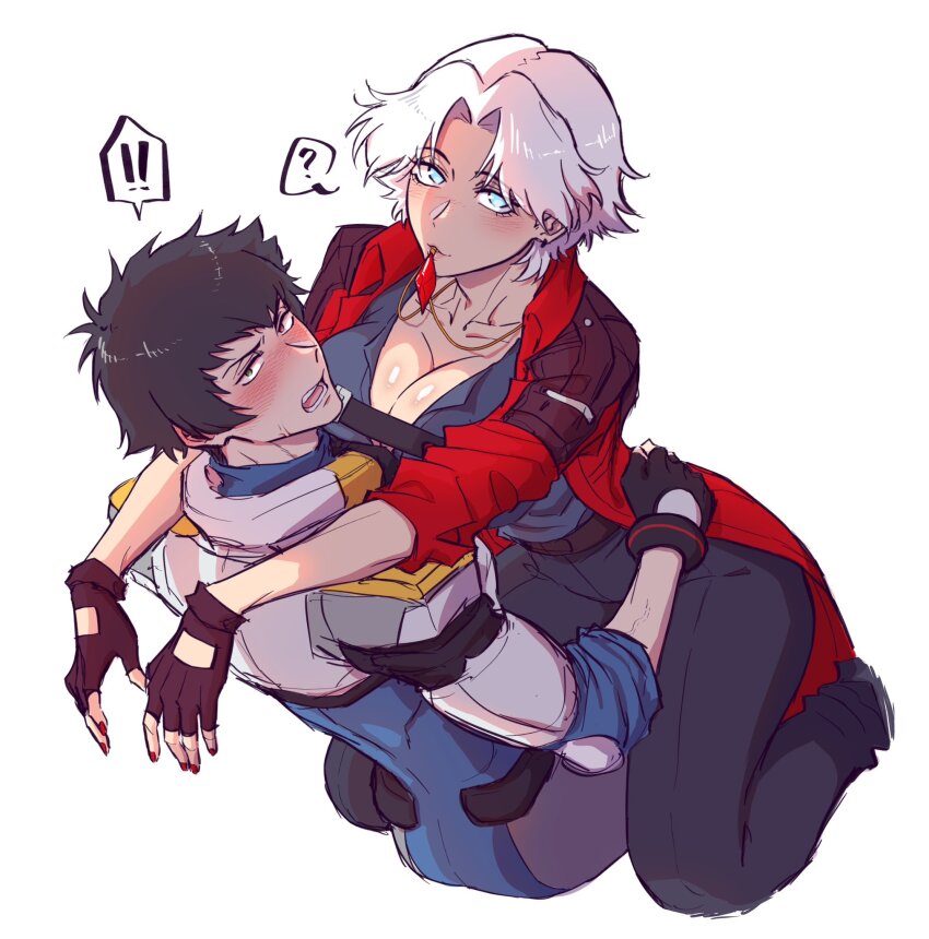 1boy, 1girl, abs, black_gloves, black_hair, breasts, cleavage, coat, dante_(devil_may_cry), devil_may_cry_(netflix), devil_may_cry_(series), fingerless_gloves, genderswap, genderswap_(ftm), genderswap_(mtf), gloves, heterochromia, highres, jacket, lady_(devil_may_cry), large_breasts, looking_at_viewer, muscular, navel, pichuuuchan, red_coat, red_eyes, short_hair, simple_background, white_hair