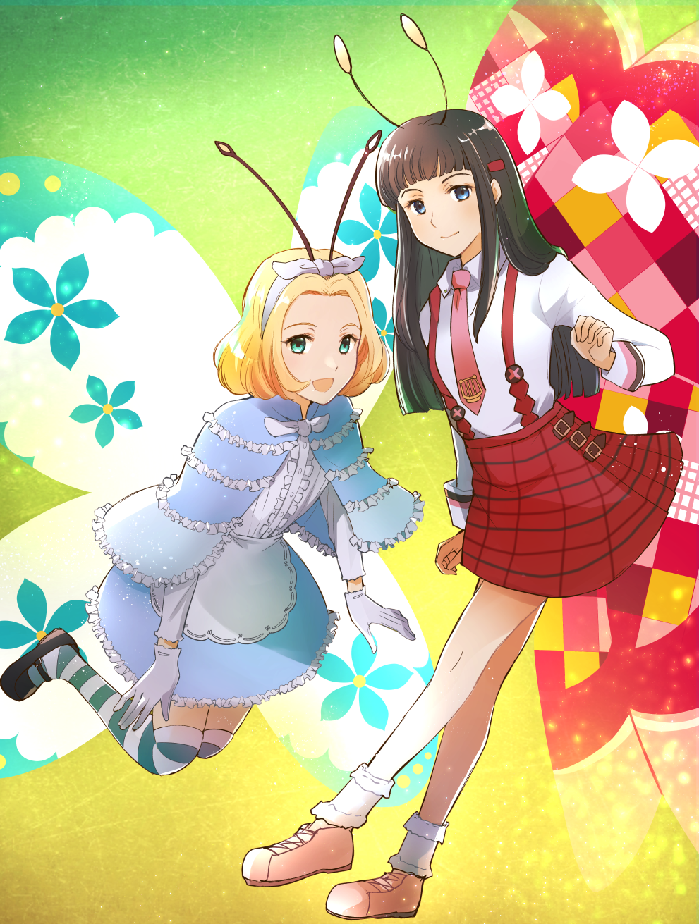 2girls, antennae, black_hair, black_shoes, blonde_hair, blue_capelet, blue_eyes, blue_skirt