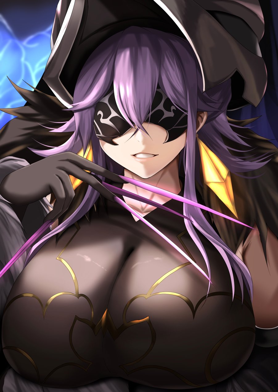 1girl, blindfold, breasts, duel_monster, hat, highres, hogehogehoge_t, huge_breasts