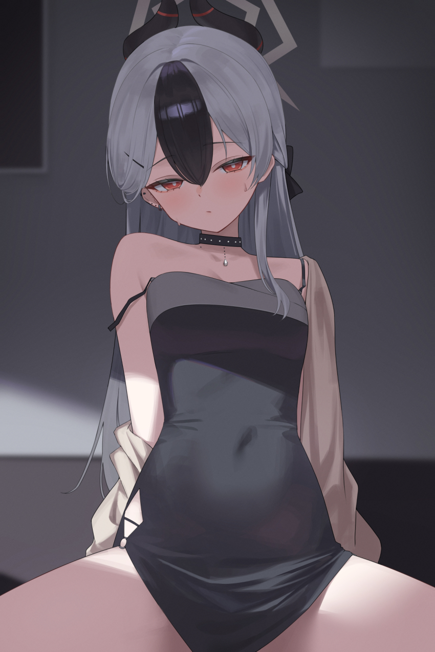 1girl, arms_behind_back, black_choker, black_dress, black_hair, blue_archive, blush, breasts
