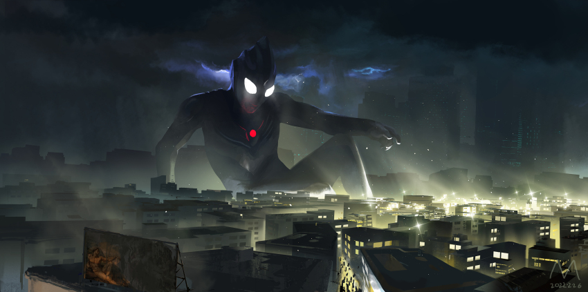 1boy, billboard, blue_skin, building, city, cloud, cloudy_sky, color_timer, colored_skin, commentary, compound_eyes, dated, diffraction_spikes, dorsal_fin, fine_art_parody, glowing, glowing_eyes, grey_skin, highres, knee_up, light_particles, light_rays, male_focus, manhuajiazhishen, night, parody, people, signature, sitting, sky, skyscraper, solo_focus, the_creation_of_adam, thunderstorm, tokusatsu, ultra_series, ultraman_tiga, ultraman_tiga_(series), ultraman_tiga_(sky_type), white_eyes