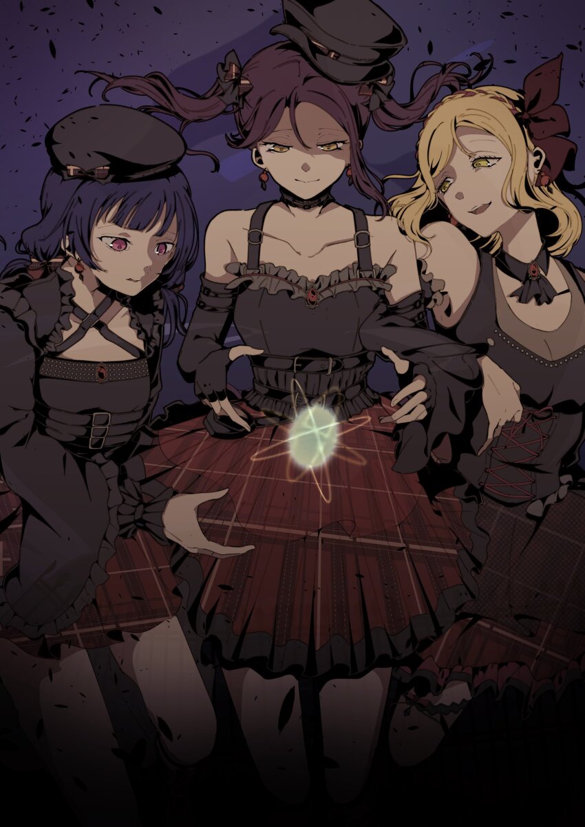 3girls, :d, black_hat, black_shirt, blonde_hair, breasts, cleavage, closed_mouth