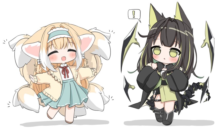 !, 2girls, :d, animal_ears, aqua_skirt, arknights, black_hair, black_jacket, blonde_hair, blush, chibi, chibi_only, closed_eyes, commentary, full_body, green_eyes, highres, jacket, long_hair, long_sleeves, looking_at_another, medium_hair, mon3tr_(arknights), multicolored_hair, multiple_girls, multiple_tails, neck_ribbon, no_nose, notice_lines, official_alternate_costume, open_mouth, outstretched_arms, red_ribbon, ribbon, ribbon-trimmed_skirt, ribbon_trim, sidelocks, simple_background, skirt, sleeves_past_fingers, sleeves_past_wrists, smile, spoken_exclamation_mark, spread_arms, standing, streaked_hair, suzuran_(arknights), suzuran_(spring_praise)_(arknights), tail, thigh_strap, tyatenshi, white_background, white_hair, white_tail, yellow_tail