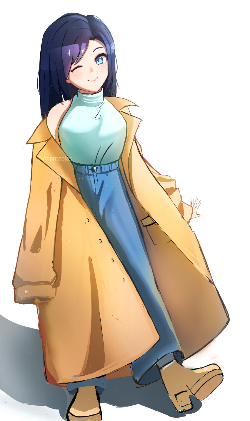 1girl, ;), absurdres, ananteolas, aqua_sweater, blue_eyes, blue_hair, blue_pants