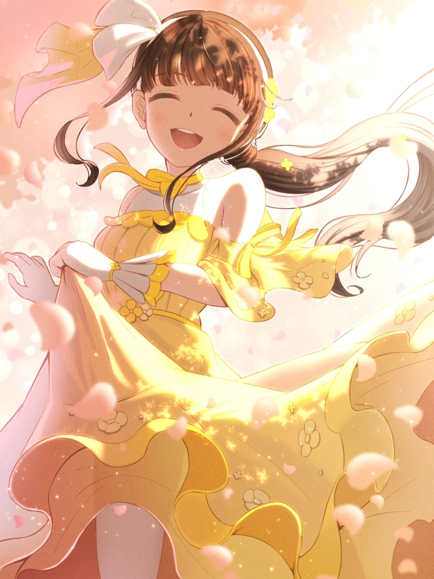 1girl, :d, ^_^, bare_shoulders, blunt_bangs, blush, bow_hairband, breasts