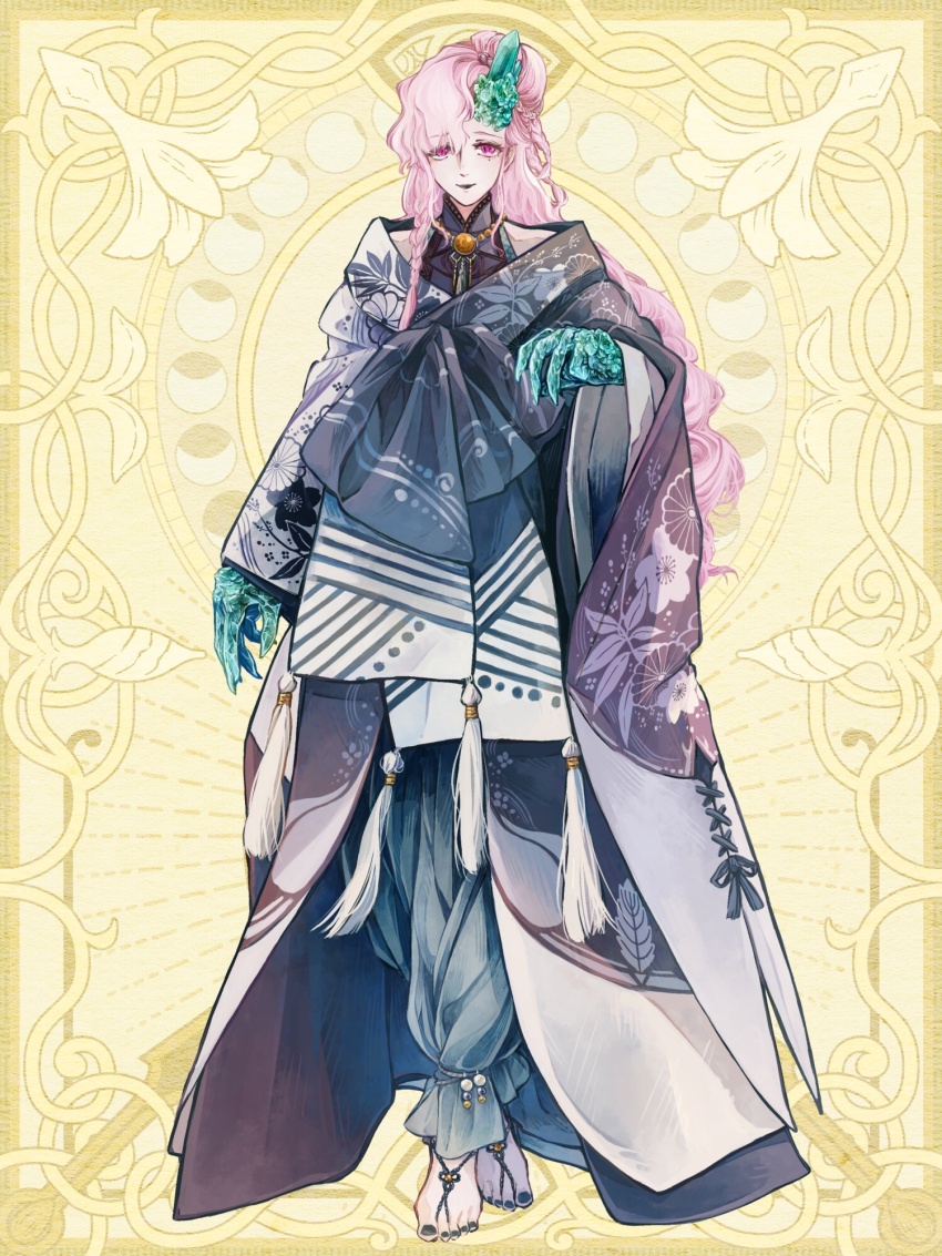 1boy, angora_hamasaki, anklet, arm_at_side, bare_shoulders, barefoot, barefoot_sandals_(jewelry), bead_necklace, beads, black_kimono, black_lips, black_nails, black_shirt, blue_pants, blue_sash, braid, bun_with_braided_base, chain_paradox, claws, closed_mouth, cross-laced_clothes, crossed_legs, crystal, crystallization, floral_print, floral_print_kimono, full_body, gem, green_gem, hair_bun, highres, horns, japanese_clothes, jewelry, kikumon, kimono, leaf_print, lipstick, long_hair, makeup, mandarin_collar, material_growth, mole, mole_under_eye, nail_polish, neck_tassel, necklace, nejime_yui, obi, off_shoulder, pants, pink_eyes, pink_hair, print_kimono, reaching, reaching_towards_viewer, sakuramon, sash, shirt, side_braid, single_horn, single_side_bun, sleeveless, sleeveless_shirt, smile, solo, standing, straight-on, swept_bangs, tareme, tassel, toenail_polish, toenails, trap, two-tone_kimono, watson_cross, wavy_hair, white_kimono, yellow_background