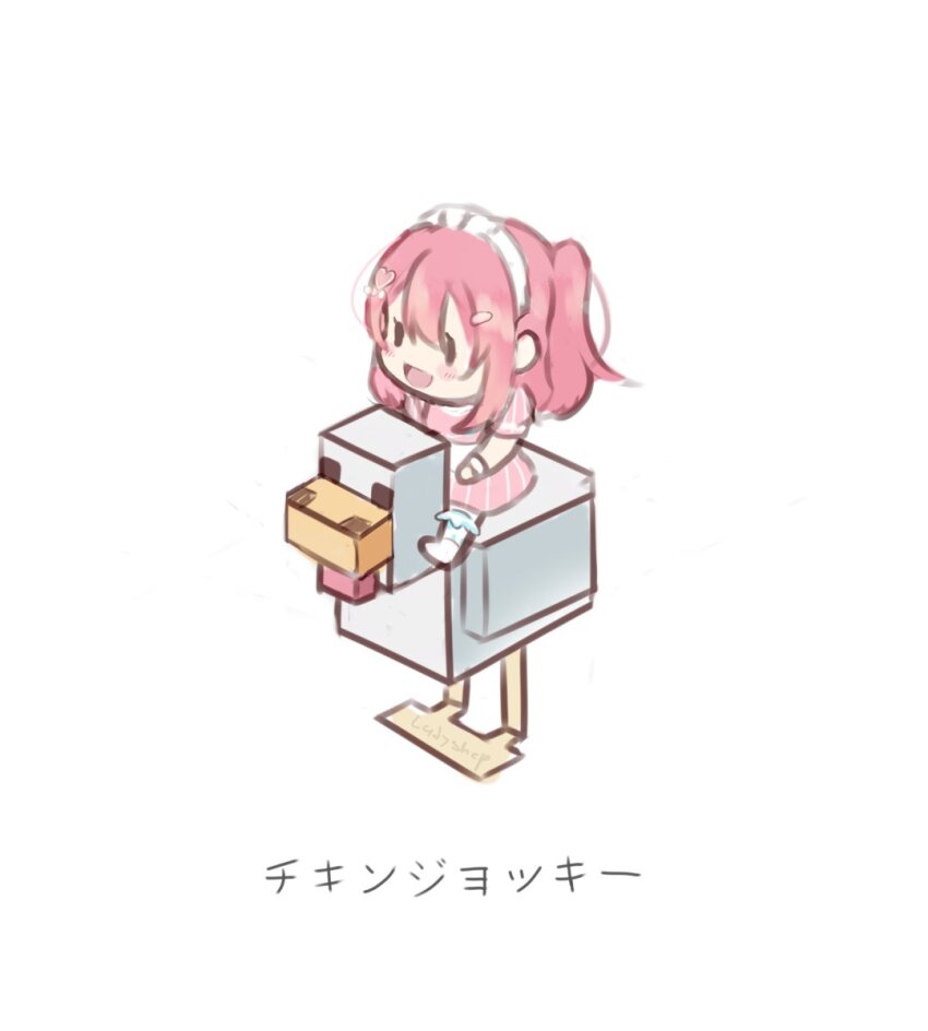 1girl, :d, ai_scream!_(love_live!), blush, breasts, chibi, chicken_(minecraft), chicken_jockey