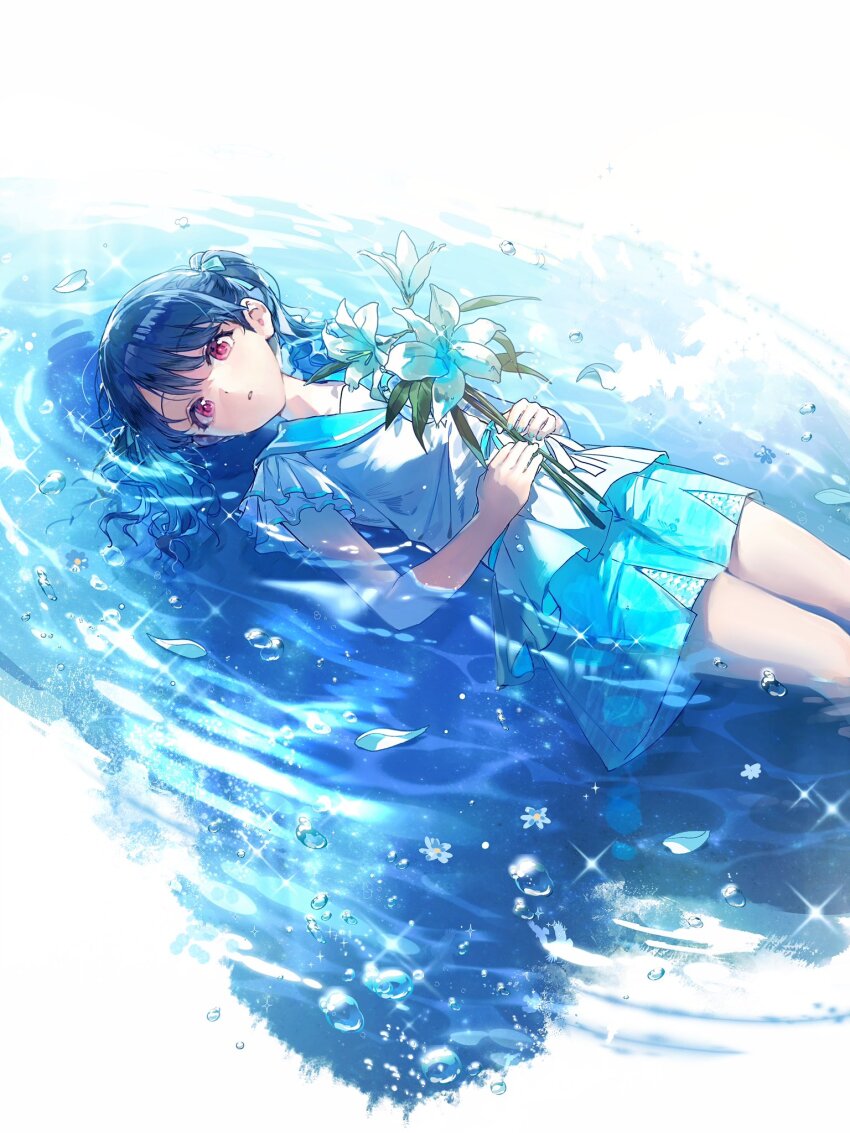 1girl, aqua_sailor_collar, aqua_skirt, blue_hair, clear_marine_calm_(idolmaster), flower, fukumaru_koito, highres