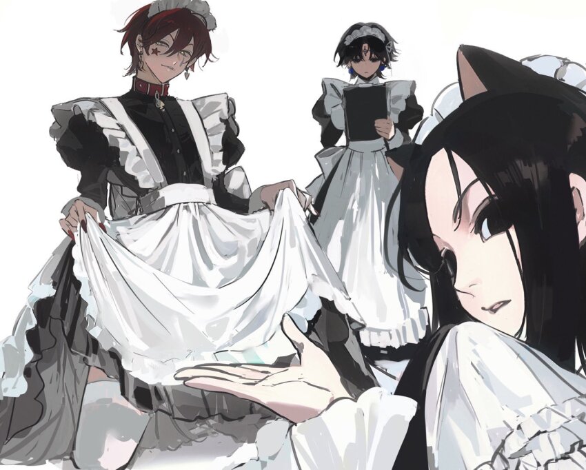 3boys, alternate_costume, animal_collar, animal_ears, apron, black_dress, black_eyes, black_hair
