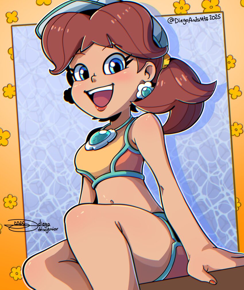 1girl, absurdres, artist_name, blue_eyes, brown_hair, diegoandsmtz, earrings, flower_earrings