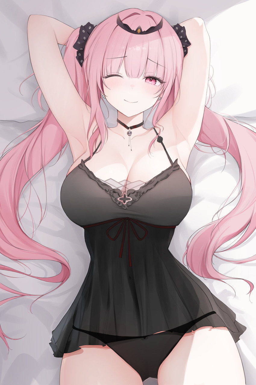 1girl, absurdres, armpits, arms_behind_head, arms_up, black_camisole, black_choker, black_panties