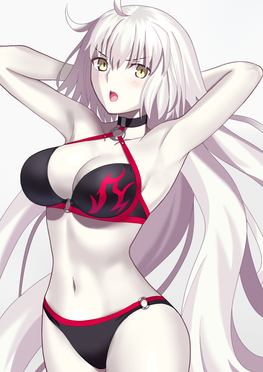 1girl, absurdres, ahoge, armpits, arms_behind_head, bikini, black_bikini, blush, breasts, choker, cleavage, fate/grand_order, fate_(series), highres, jeanne_d'arc_alter_(fate), jeanne_d'arc_alter_(swimsuit_berserker)_(fate), large_breasts, long_hair, navel, o-ring, o-ring_bikini, o-ring_bottom, o-ring_top, swimsuit, very_long_hair, white_hair, yellow_eyes, yuzu_sanma