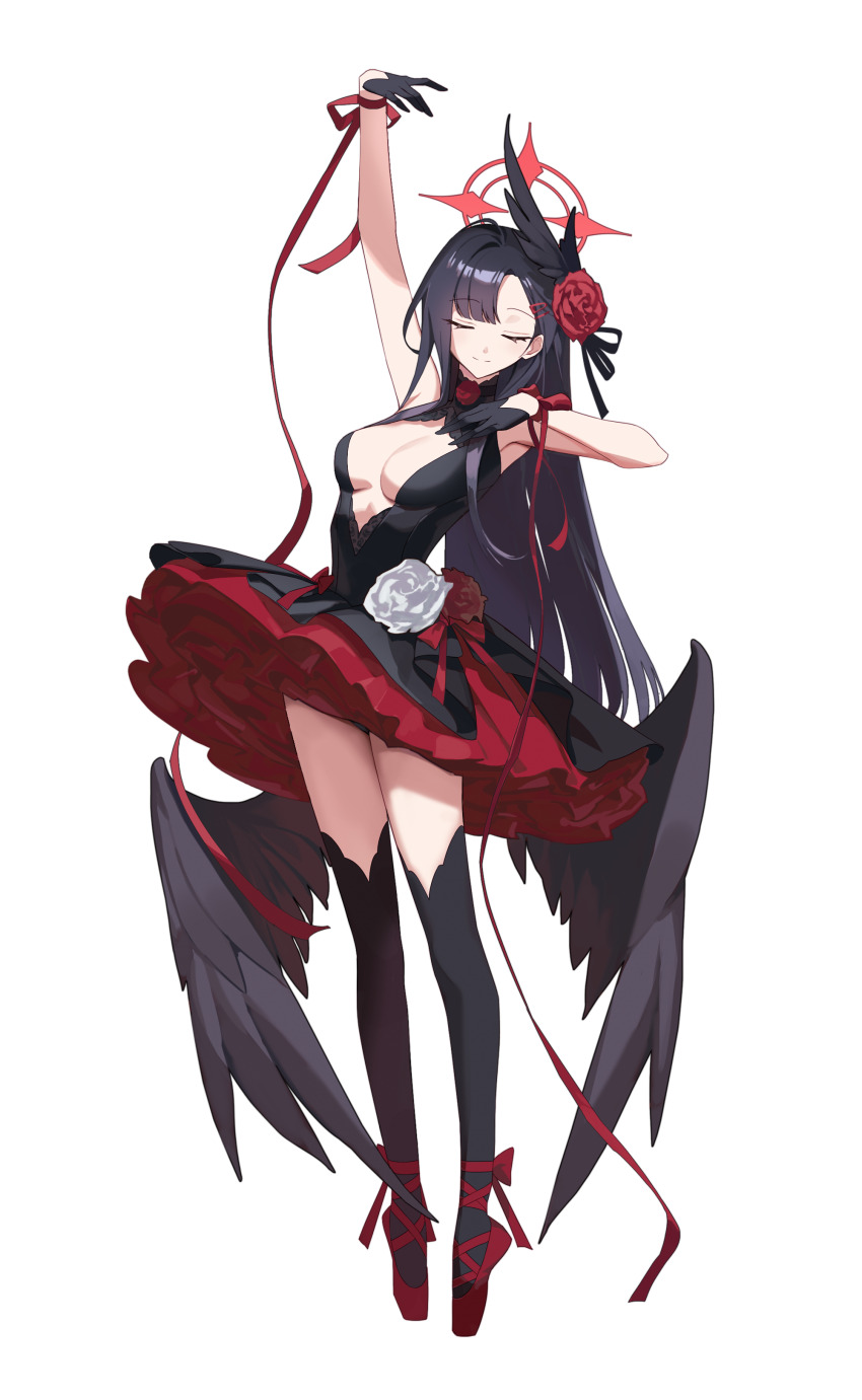 1girl, absurdres, arms_up, ballet_dress, ballet_slippers, bare_shoulders, black_dress, black_gloves