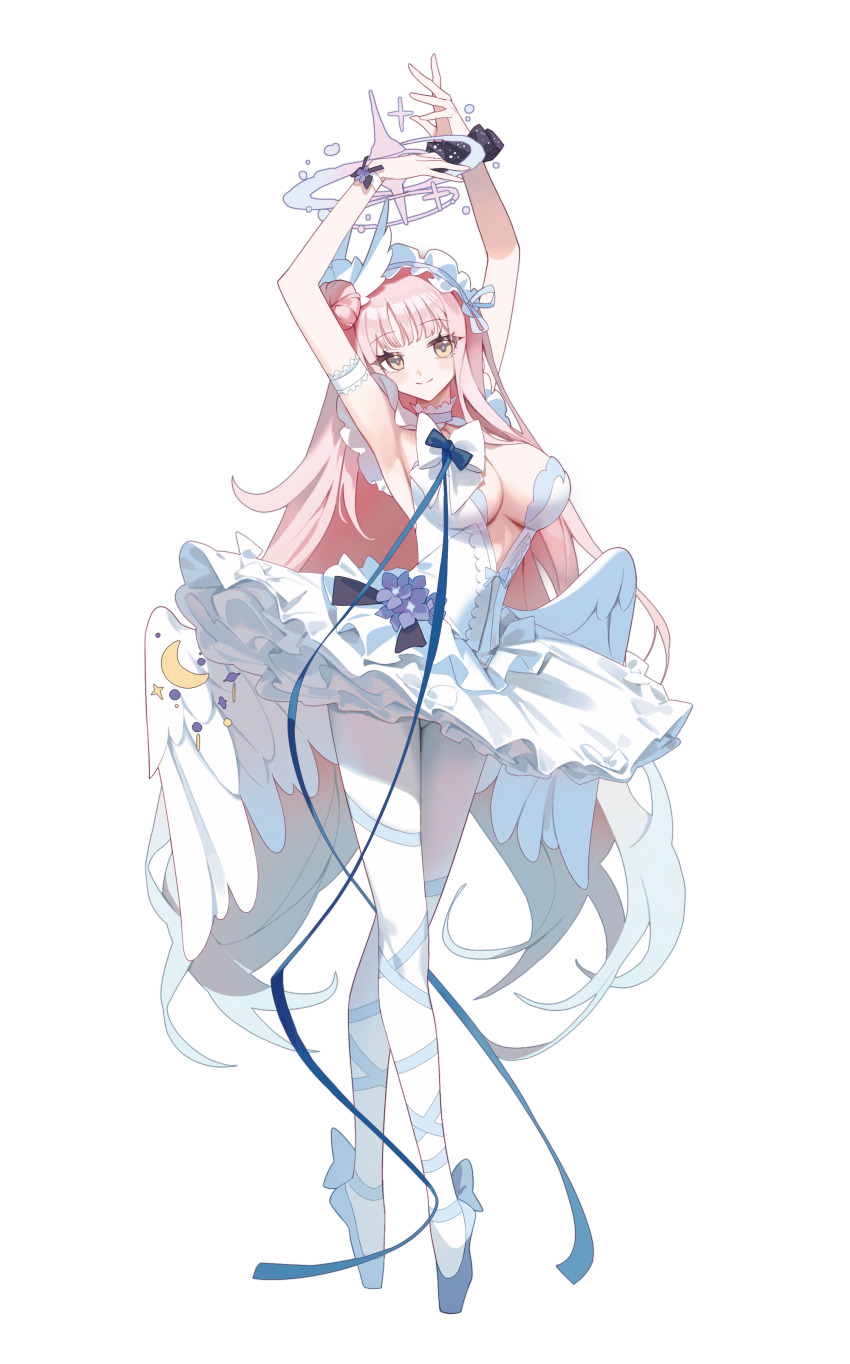 1girl, absurdres, armpits, arms_up, ballet_dress, ballet_slippers, blue_archive, blue_bow