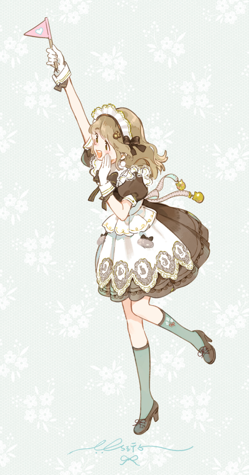 1girl, absurdres, apron, apuaayu, aqua_socks, arm_up, blonde_hair, blunt_bangs, blush_stickers, bow, bow_apron, bowtie, breezy_tea_time_(infinity_nikki), brown_bow, brown_bowtie, brown_dress, brown_eyes, brown_ribbon, brown_shorts, buttons, chinese_commentary, commentary_request, dress, eyelashes, flag, floating_clothes, floral_background, floral_print, footwear_ribbon, frilled_apron, frills, full_body, gloves, grey_background, hair_bow, hair_ornament, hand_on_own_cheek, hand_on_own_face, happy, heart, high_heels, highres, holding, holding_flag, infinity_nikki, kneehighs, long_hair, looking_ahead, maid, maid_headdress, medium_dress, nikki_(series), open_mouth, paw_hair_ornament, pleated_dress, pocket, puffy_short_sleeves, puffy_sleeves, pumps, ribbon, ribbon_legwear, short_sleeves, shorts, sidelocks, signature, smile, socks, solo, standing, tareme, teeth, upper_teeth_only, white_apron, white_gloves, wrist_bow