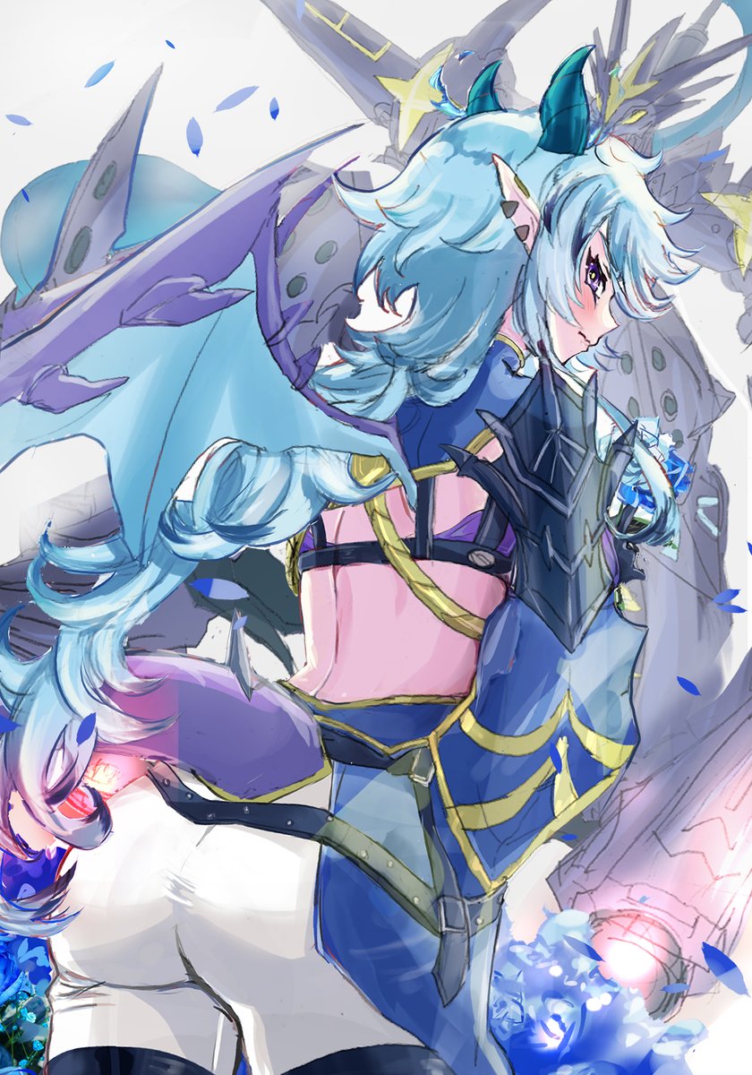 1girl, ass, backless_outfit, blue_hair, breasts, centur-ion_atrii, centur-ion_auxila, dragon_girl