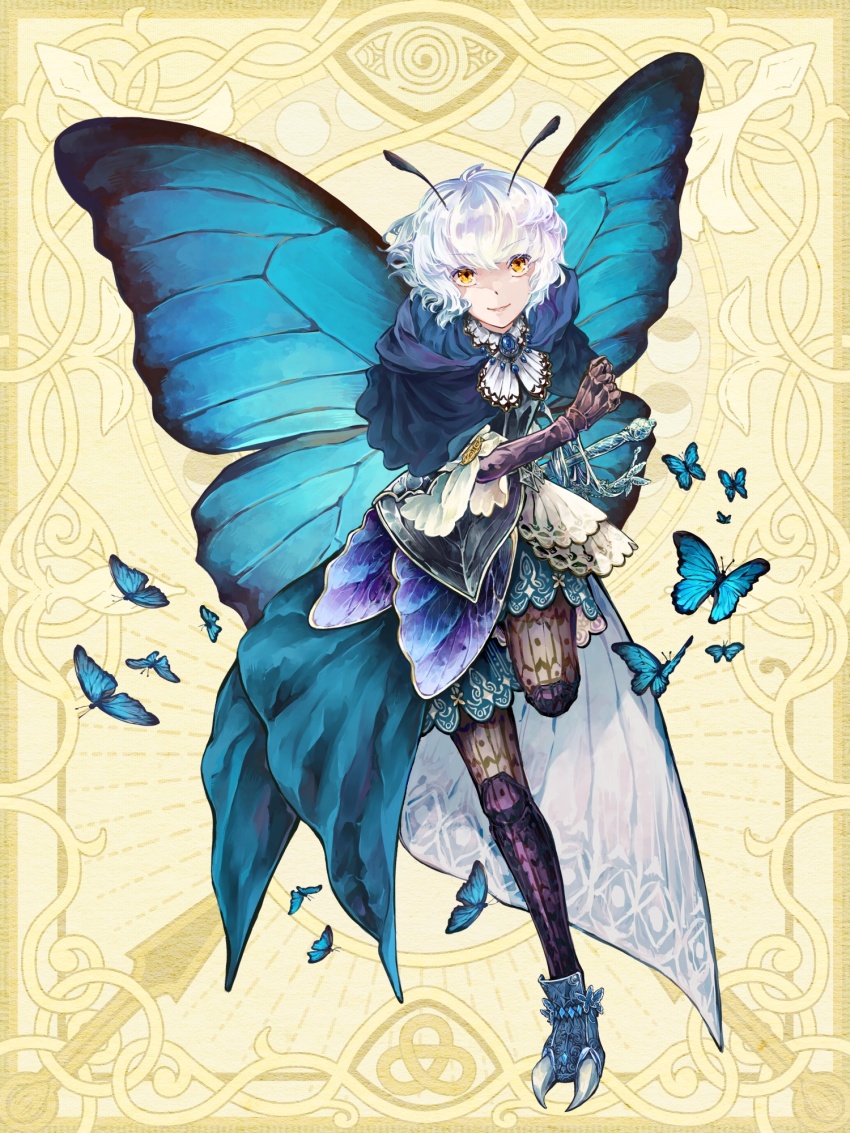 1boy, alfredo_titley, angora_hamasaki, animal_print, antennae, armor, arthropod_boy, arthropod_limbs, black_vest, blue_butterfly, blue_capelet, blue_gem, blue_shoes, blue_shorts, blue_wings, brooch, bug, butterfly, butterfly_boy, butterfly_brooch, butterfly_print, butterfly_wings, capelet, chain_paradox, collar_chain_(jewelry), collared_shirt, fairy, faulds, full_body, gem, hand_up, highres, hood, hood_down, hooded_capelet, insect, insect_wings, jewelry, leaning_forward, long_sleeves, looking_at_viewer, male_focus, pantyhose, parted_lips, see-through_clothes, see-through_legwear, sheath, sheathed, shirt, shoes, short_hair, shorts, solo, standing, standing_on_one_leg, sword, three-quarter_sleeves, vest, waist_cape, wavy_hair, weapon, white_hair, white_shirt, wings, yellow_background, yellow_eyes