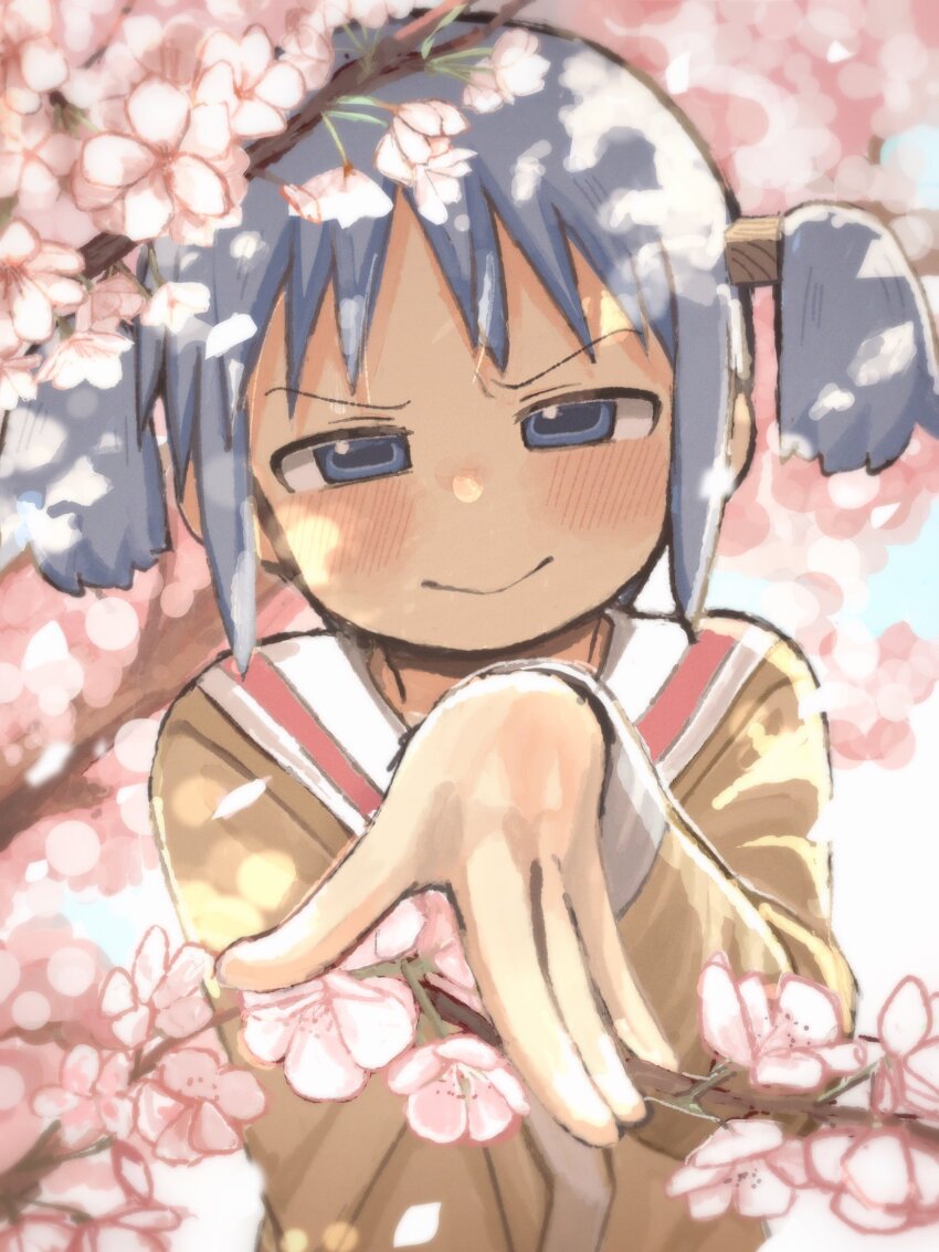 1girl, :>, blue_eyes, blue_hair, blush, branch, cherry_blossoms, cube_hair_ornament