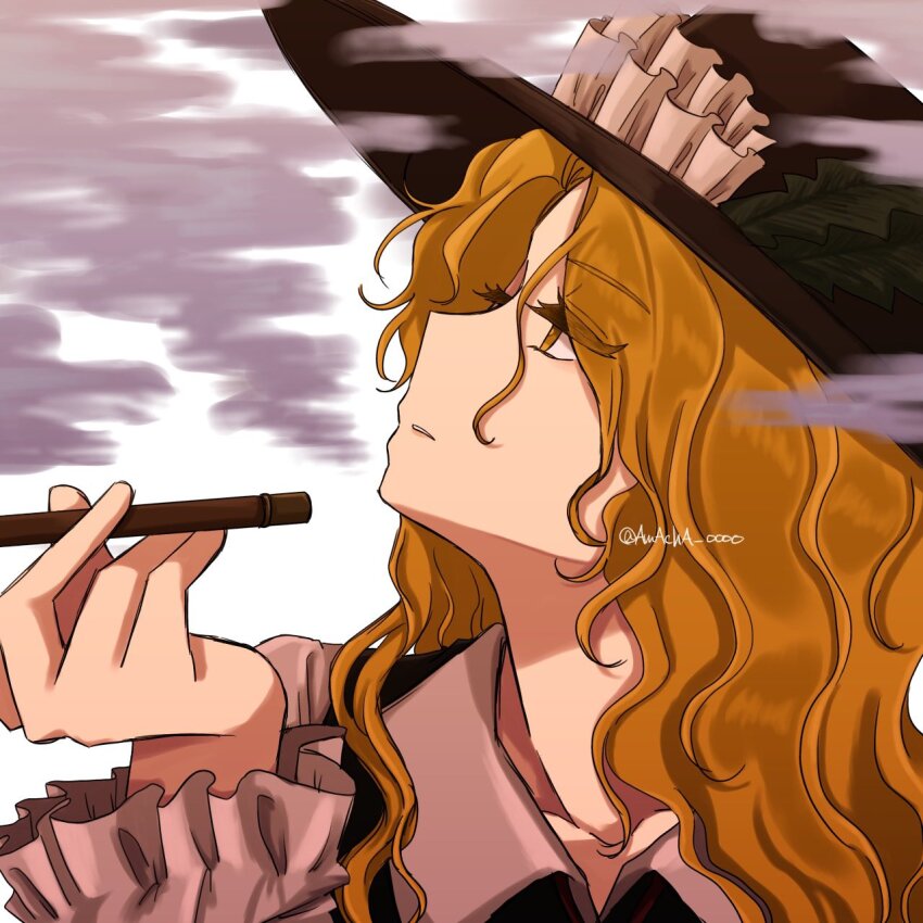 1girl, amacha_0000, blonde_hair, blowing_smoke, brown_hat, brown_vest, collared_shirt, commentary_request, dolls_in_pseudo_paradise, frilled_hat, frilled_shirt_collar, frills, hat, hat_feather, highres, holding, holding_smoking_pipe, jacket_girl_(dipp), long_hair, long_sleeves, shirt, smoking_pipe, solo, touhou, upper_body, very_long_hair, vest, wavy_hair, white_shirt, yellow_eyes