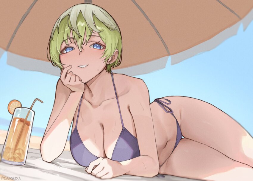 1girl, beach, beach_towel, beach_umbrella, bikini, blonde_hair, blue_eyes, breasts