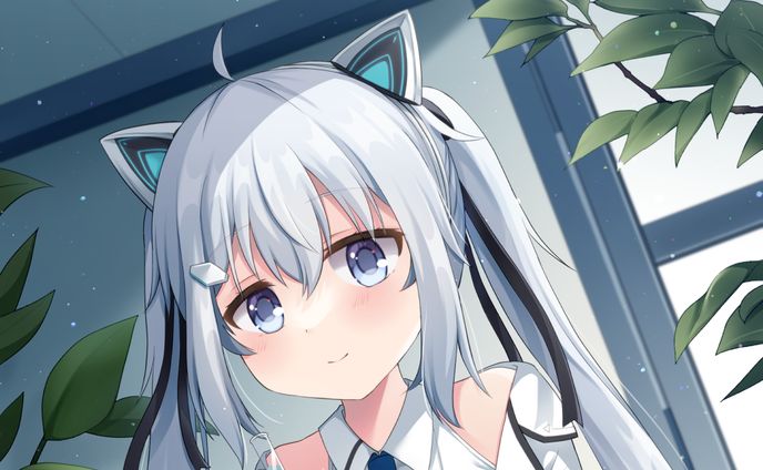 1girl, ahoge, animal_ears, bare_shoulders, blue_eyes, blue_hair, blue_necktie, blush