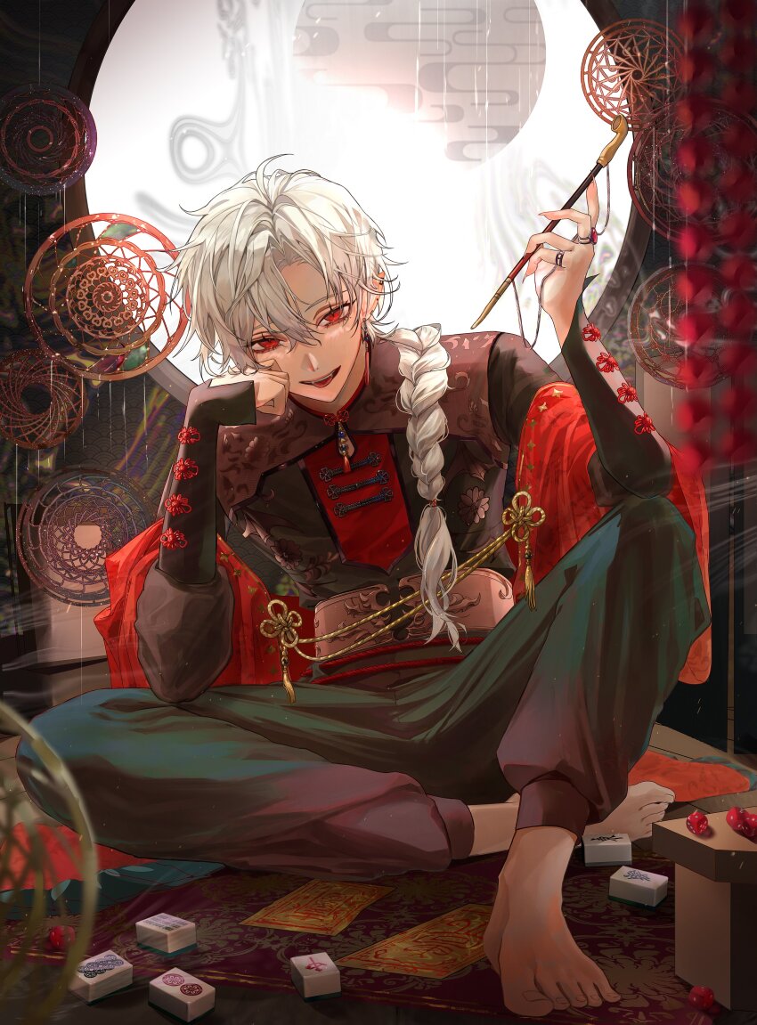 1boy, absurdres, barefoot, biigagrim, braid, dice, dreamcatcher, eyelashes, fang, full_body, full_moon, hair_over_shoulder, highres, holding, holding_smoking_pipe, jewelry, kuzuha_(15th_costume)_(nijisanji), kuzuha_(nijisanji), long_hair, long_sleeves, looking_at_viewer, mahjong, male_focus, mole, mole_under_eye, moon, multiple_rings, nijisanji, pants, parted_bangs, red_eyes, ring, shirt, sitting, smoking_pipe, solo, tassel, teeth, tongue, tongue_out, upper_teeth_only, vampire, virtual_youtuber, white_hair
